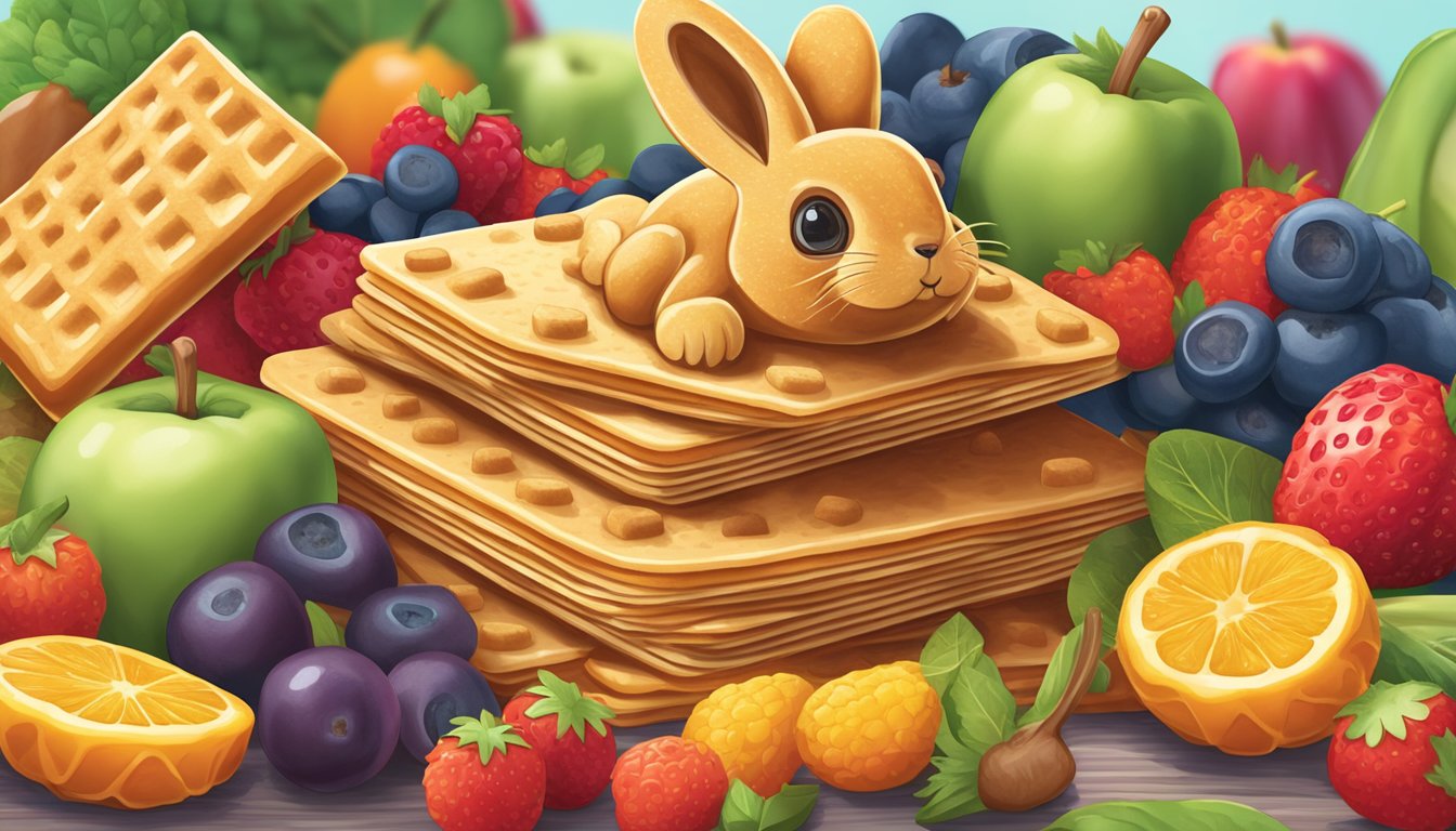 A pile of honey-flavored bunny-shaped graham crackers surrounded by colorful fruits and vegetables