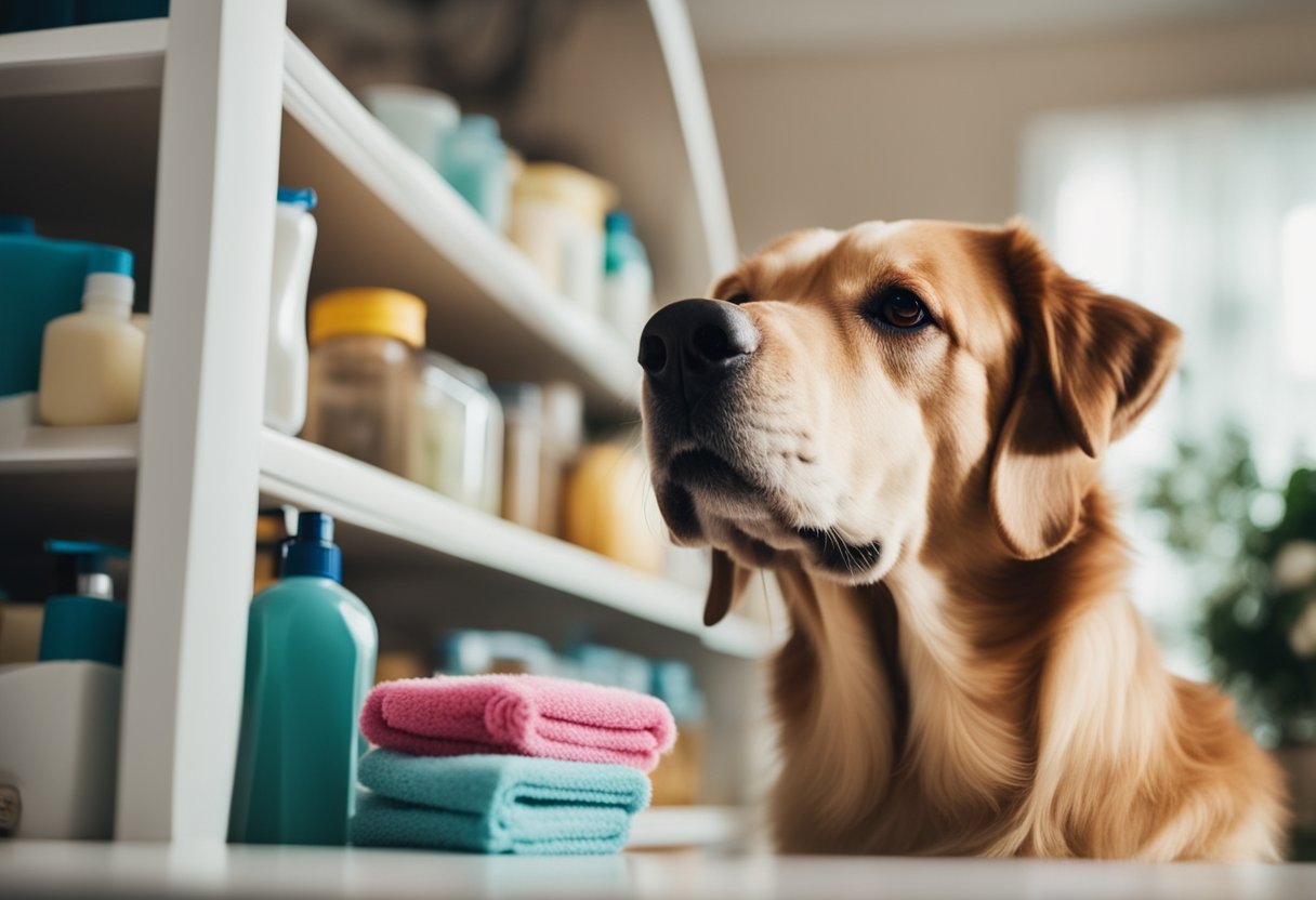 Uma casa limpa, com cheiro fresco, um cachorro feliz e vários produtos de limpeza em uma prateleira