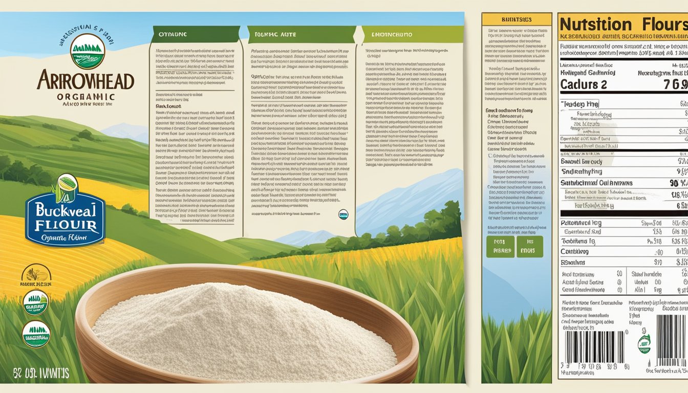 A bag of Arrowhead Mills organic buckwheat flour with a clear view of the nutritional information panel