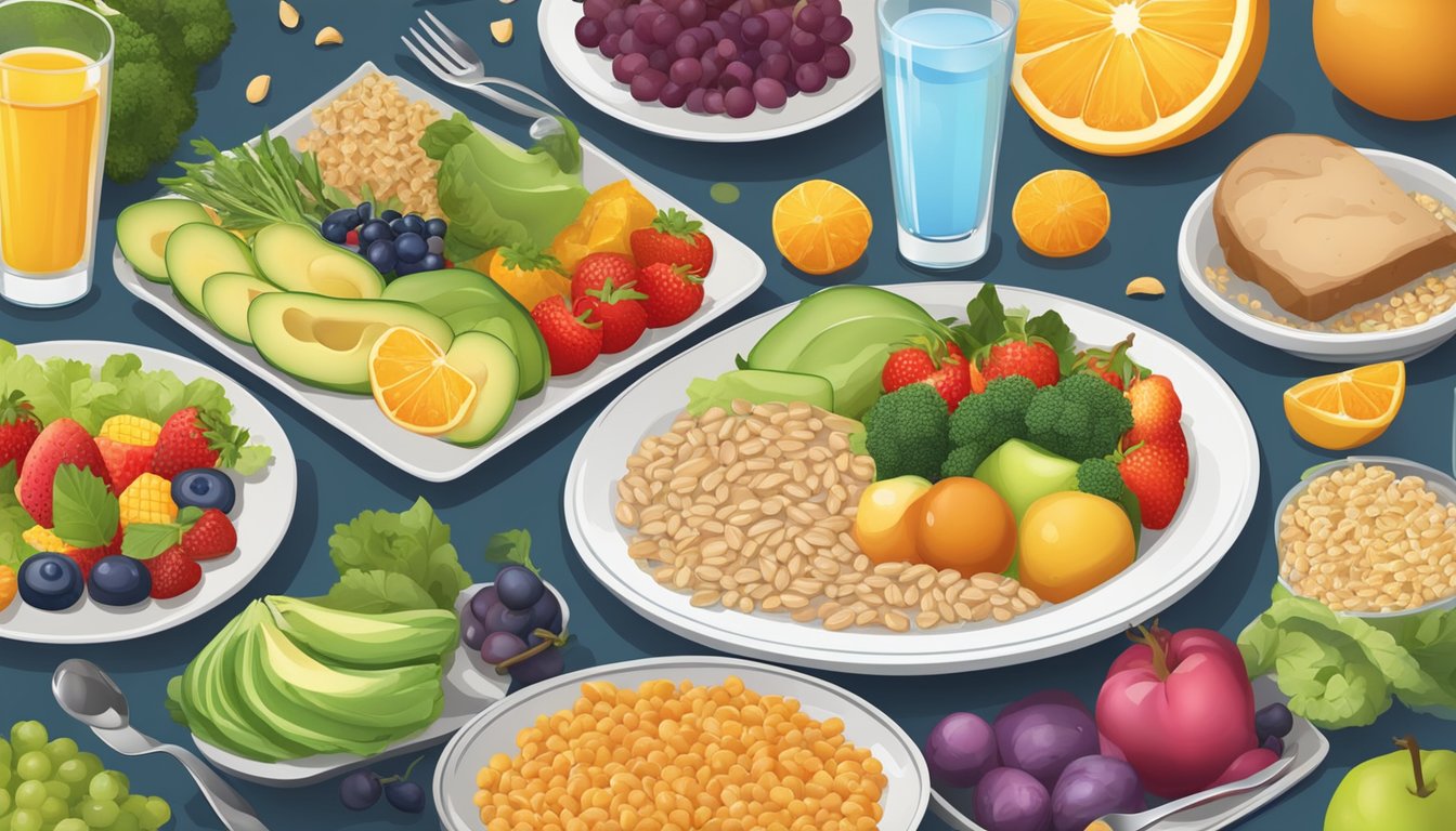 A table set with a balanced meal of fruits, vegetables, lean protein, and whole grains. A glass of water and a plate with a variety of colorful foods