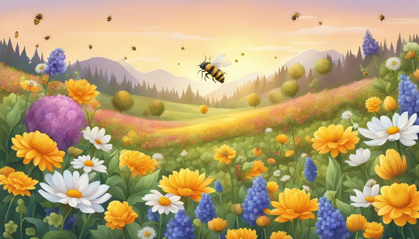 A field of blooming wildflowers with a honeycomb and bees, surrounded by a variety of fruits and herbs