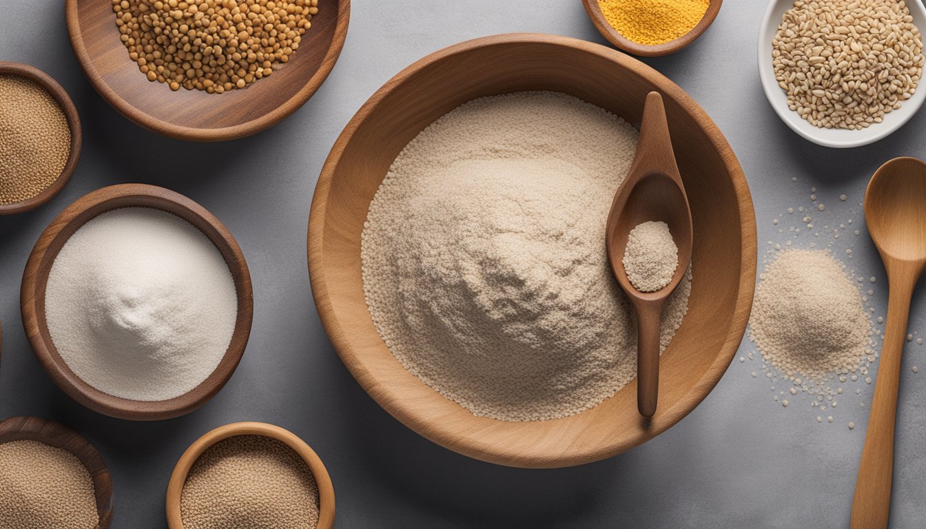 A wooden bowl filled with arrowhead mills organic buckwheat flour surrounded by a variety of whole buckwheat grains, a mixing spoon, and a measuring cup on a kitchen countertop