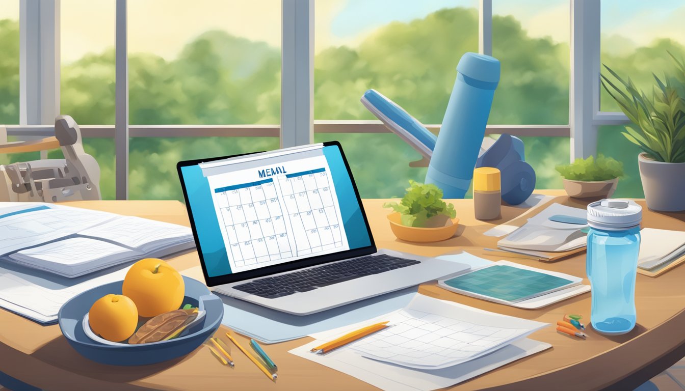 A busy professional's desk with a balanced meal, water bottle, and a calendar, surrounded by exercise equipment and a serene outdoor view