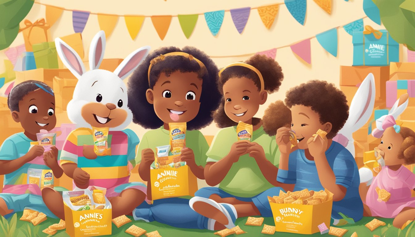 A group of children happily snacking on Annie's Organic Bunny Grahams Honey while surrounded by colorful packaging and playful bunny illustrations