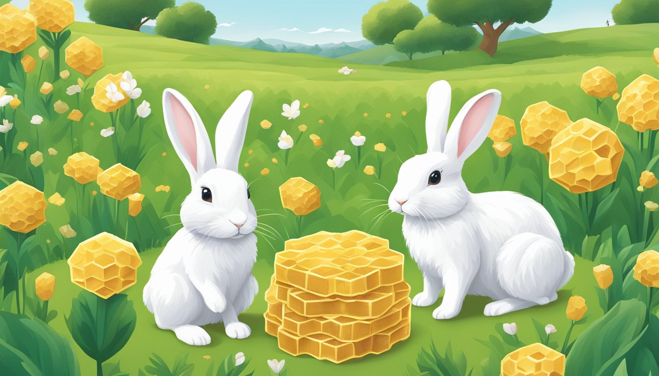 A field of golden honeycombs surrounded by lush green fields and playful bunnies, with Annie's Organic Bunny Grahams packaging displayed prominently