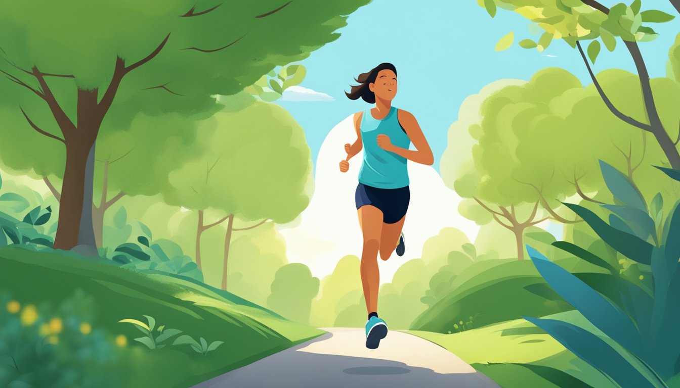 A person jogs through a park, surrounded by greenery and sunlight, with a clear blue sky overhead. The person's body is in motion, with a sense of vitality and energy