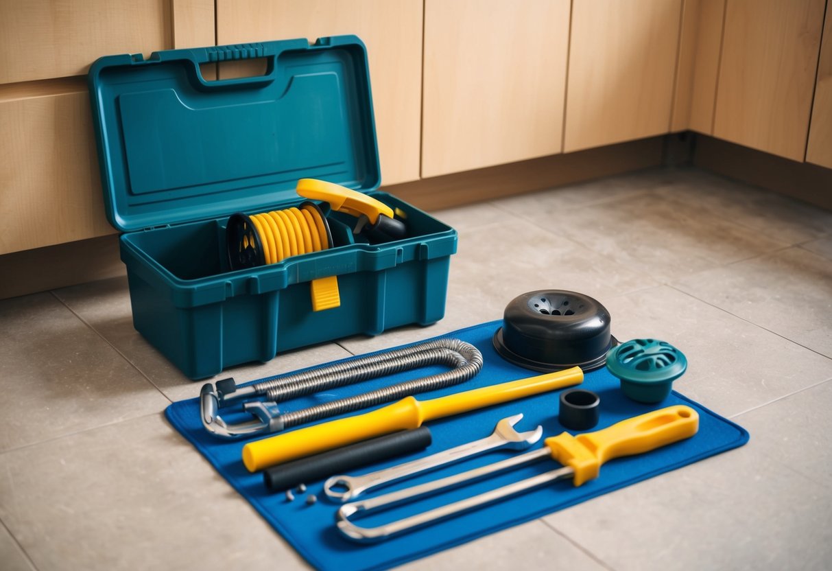 A plumber's toolbox open on the floor, with various drain cleaning tools laid out neatly, including a drain snake, plunger, and pipe wrench