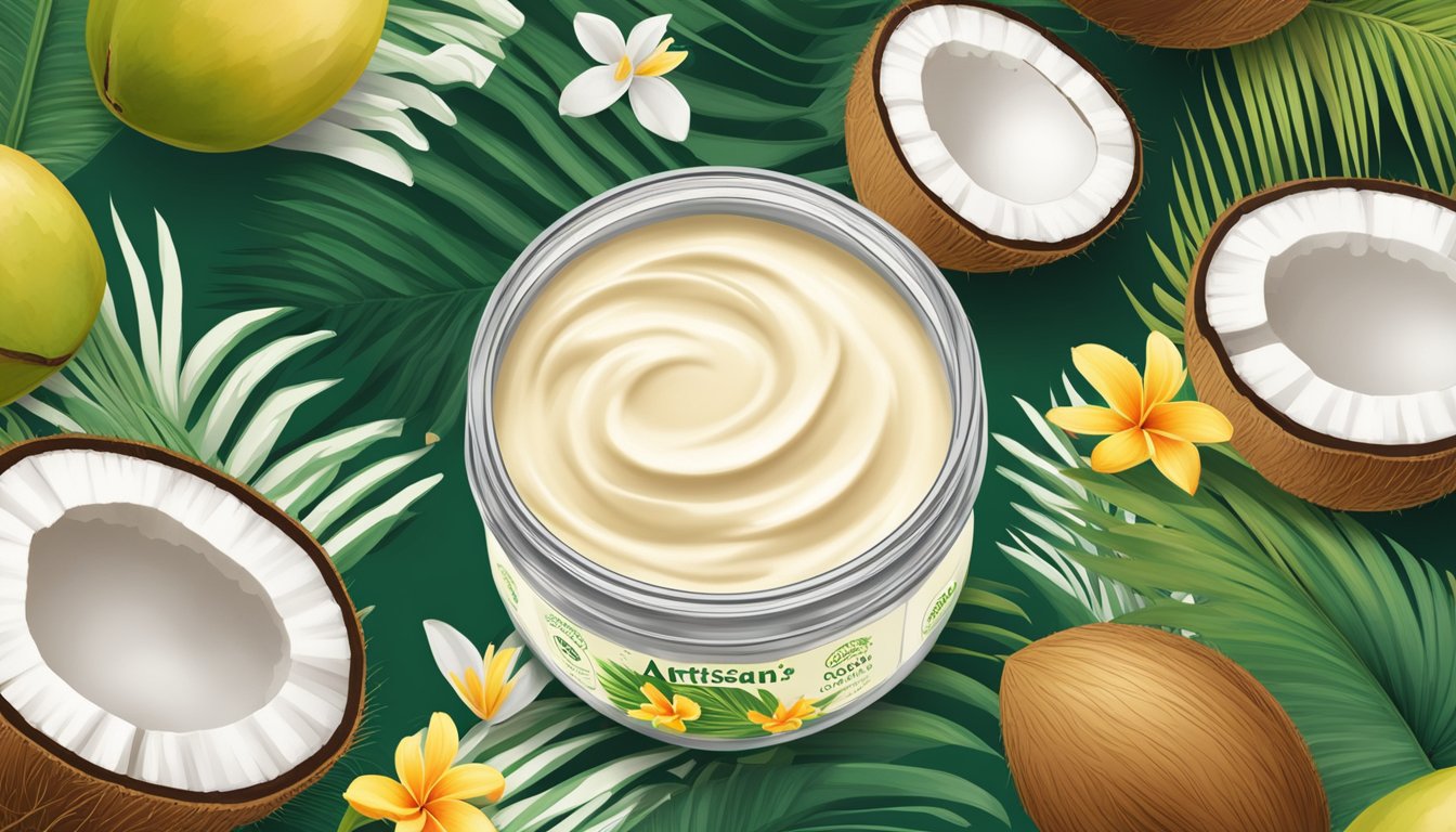 A jar of Artisana Organics raw coconut butter surrounded by fresh coconuts, palm leaves, and tropical flowers