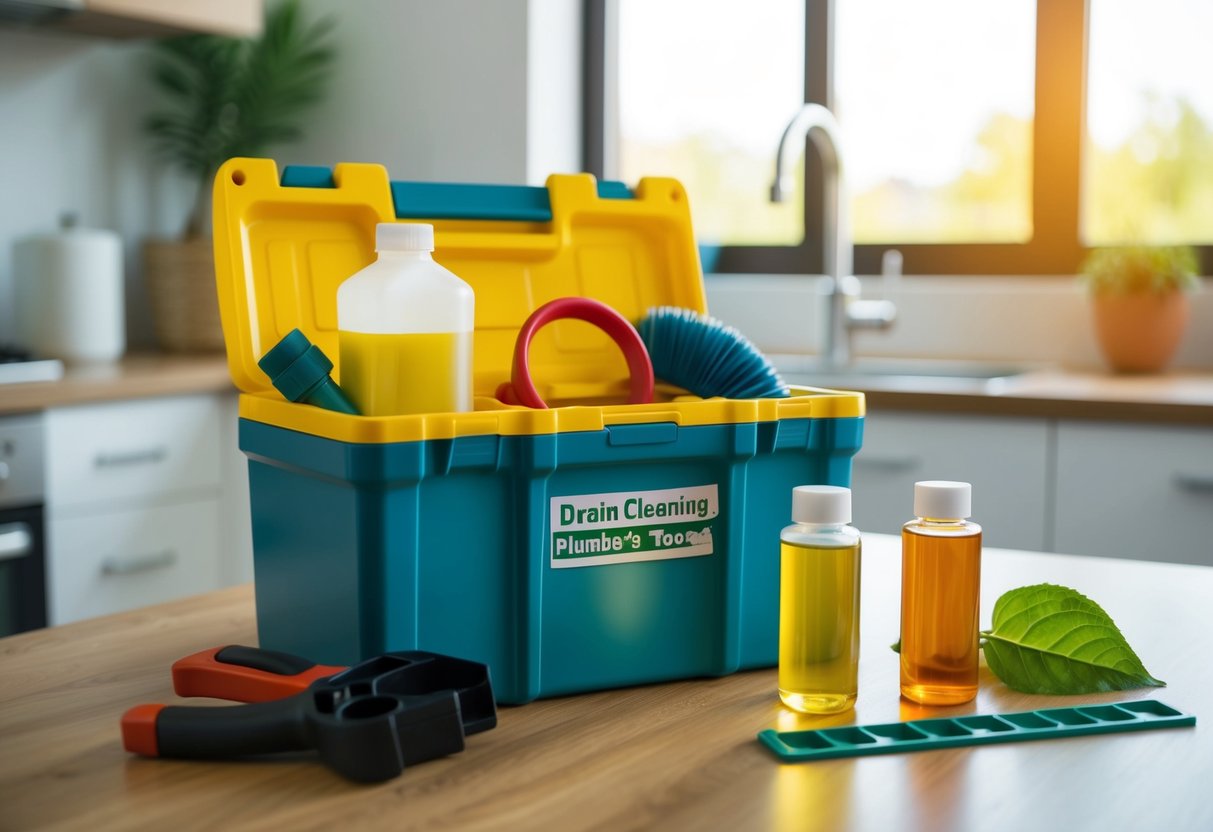 A plumber's toolbox with chemical and natural solutions for drain cleaning