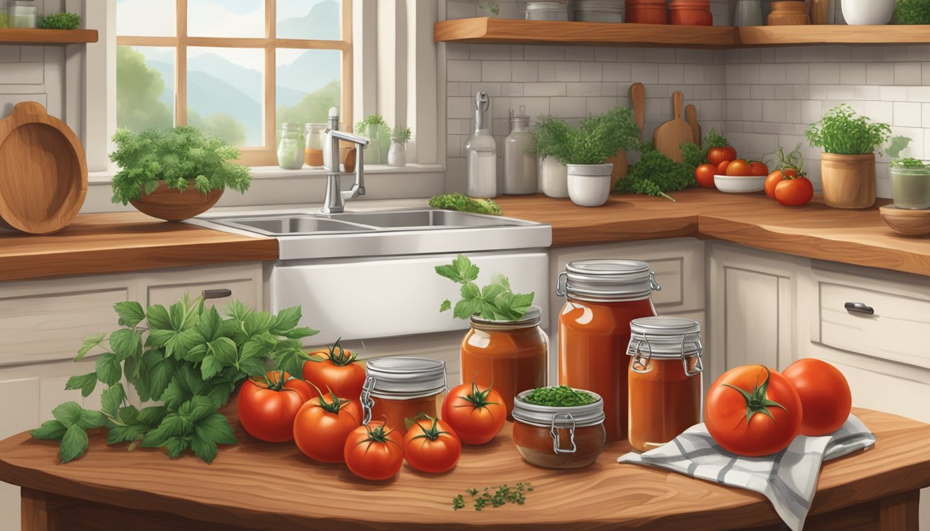 A rustic kitchen with a wooden table, fresh tomatoes, and herbs, surrounded by jars of Muir Glen organic tomato sauce