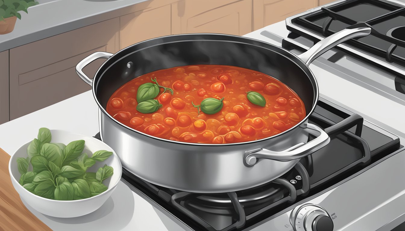 A bubbling pot of Muir Glen organic tomato sauce simmering on a stovetop