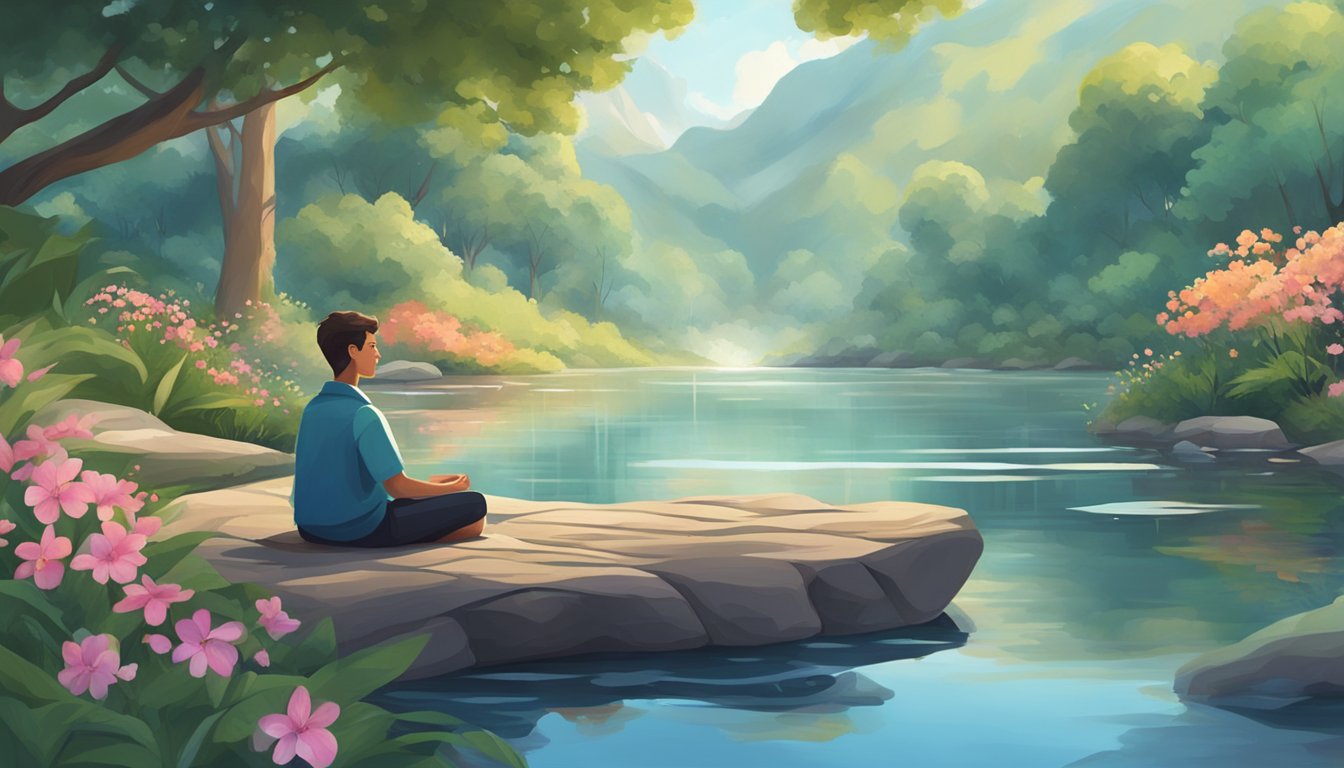 A person sitting in a peaceful, nature-filled environment, surrounded by calming elements like flowers, trees, and water, with a sense of tranquility and contentment