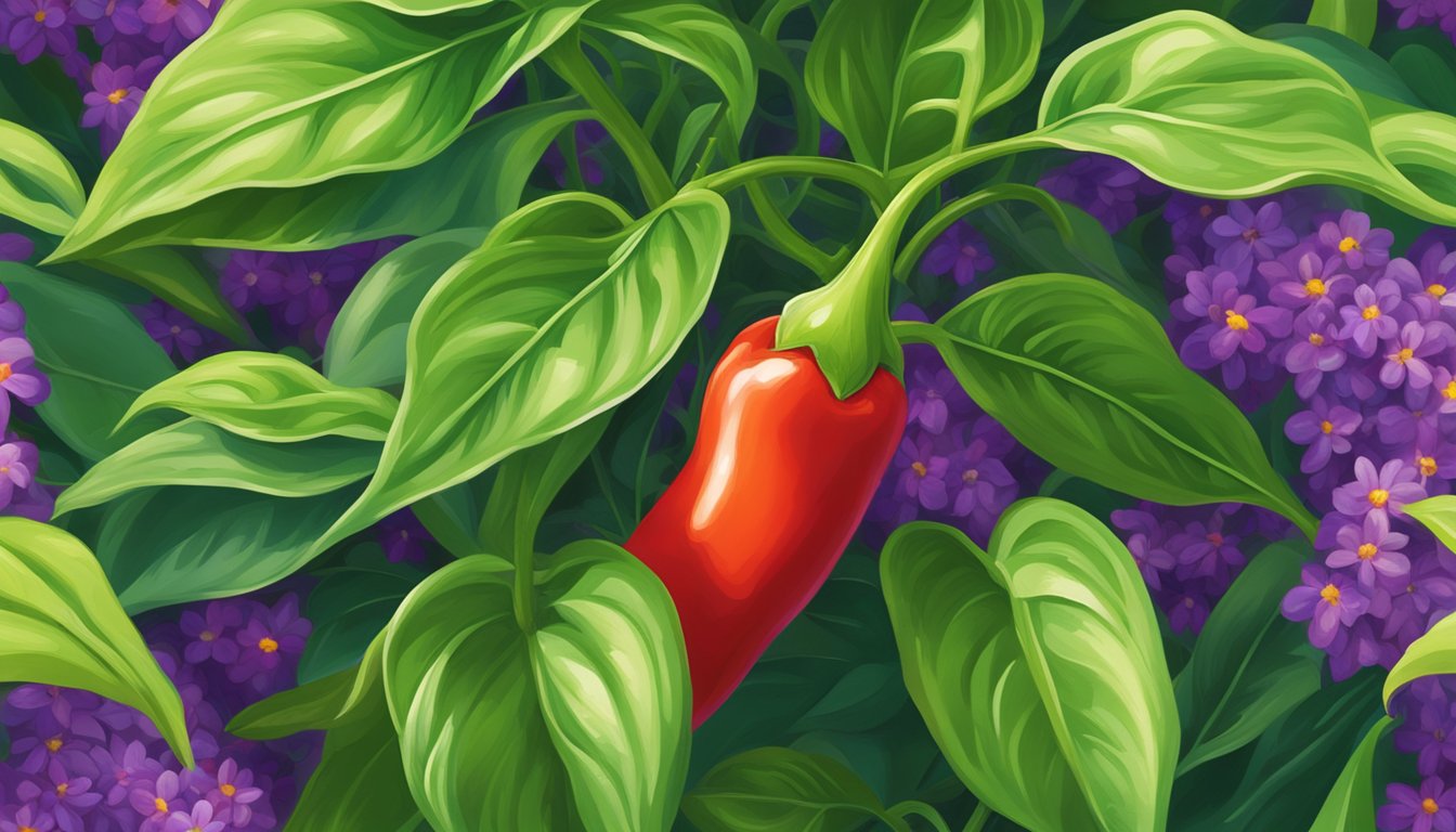 A vibrant red paprika plant growing in a sun-drenched field, surrounded by lush green leaves and small purple flowers