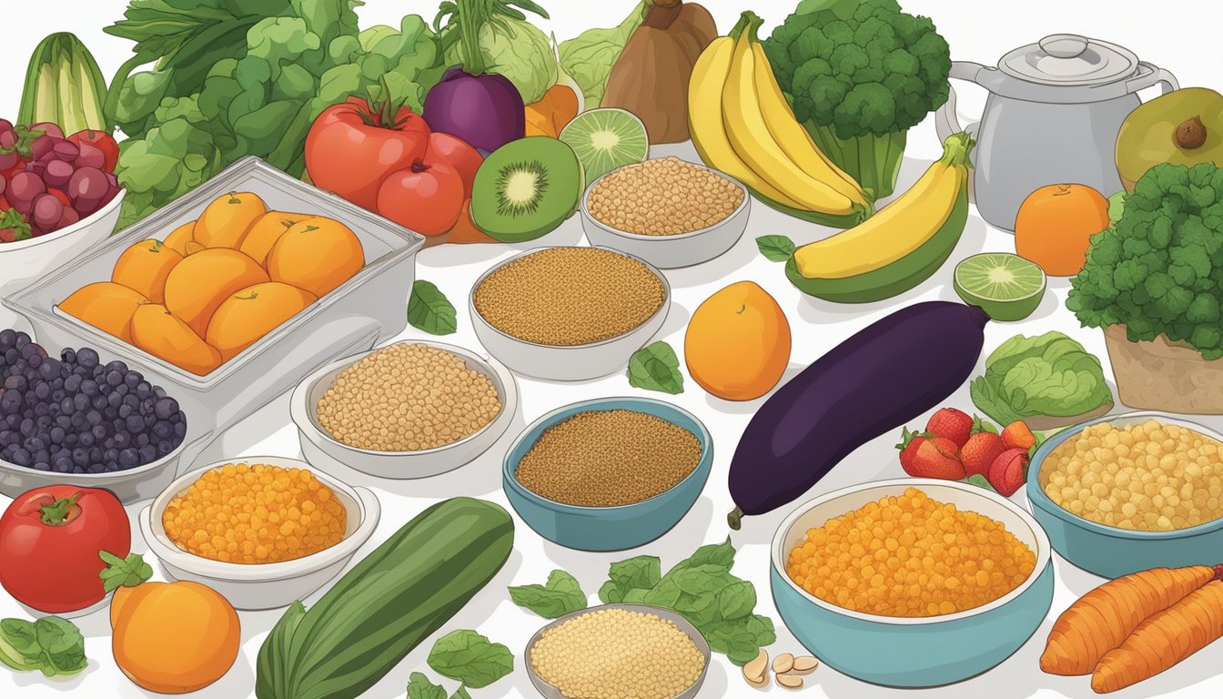 A kitchen counter with a variety of fresh fruits, vegetables, grains, and proteins laid out for preparation. A cookbook open to a page on nutrient-rich recipes