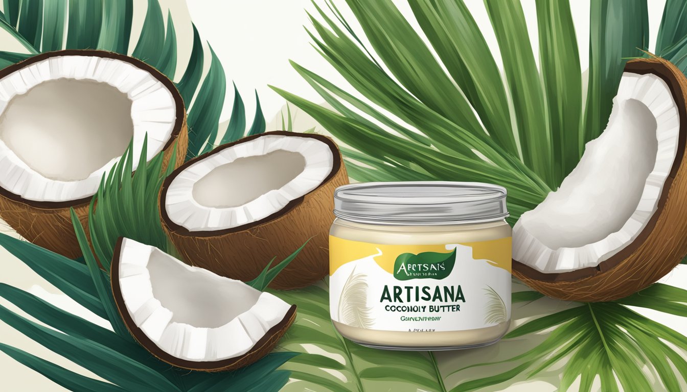 A jar of Artisana Organics raw coconut butter surrounded by tropical coconuts and palm leaves