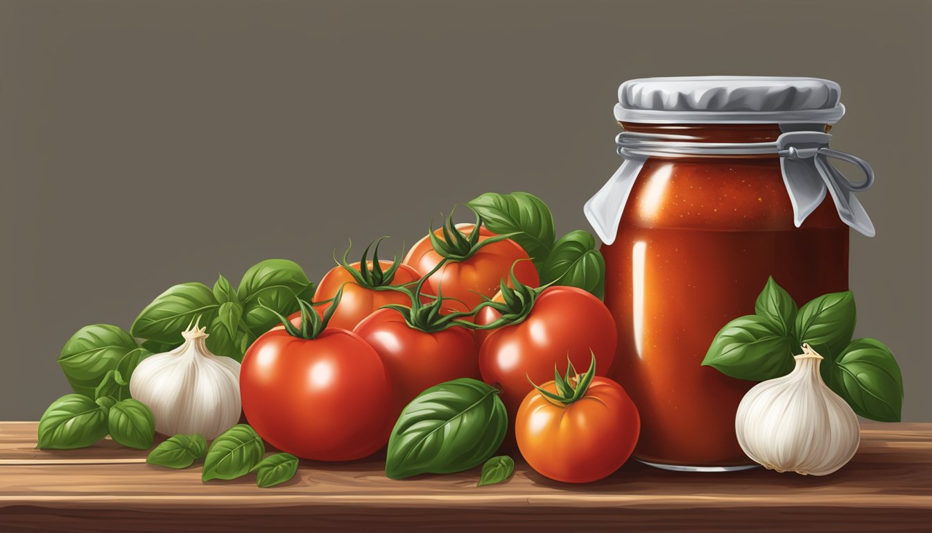 A jar of Muir Glen organic tomato sauce surrounded by fresh, ripe tomatoes, basil leaves, and garlic cloves on a rustic wooden table