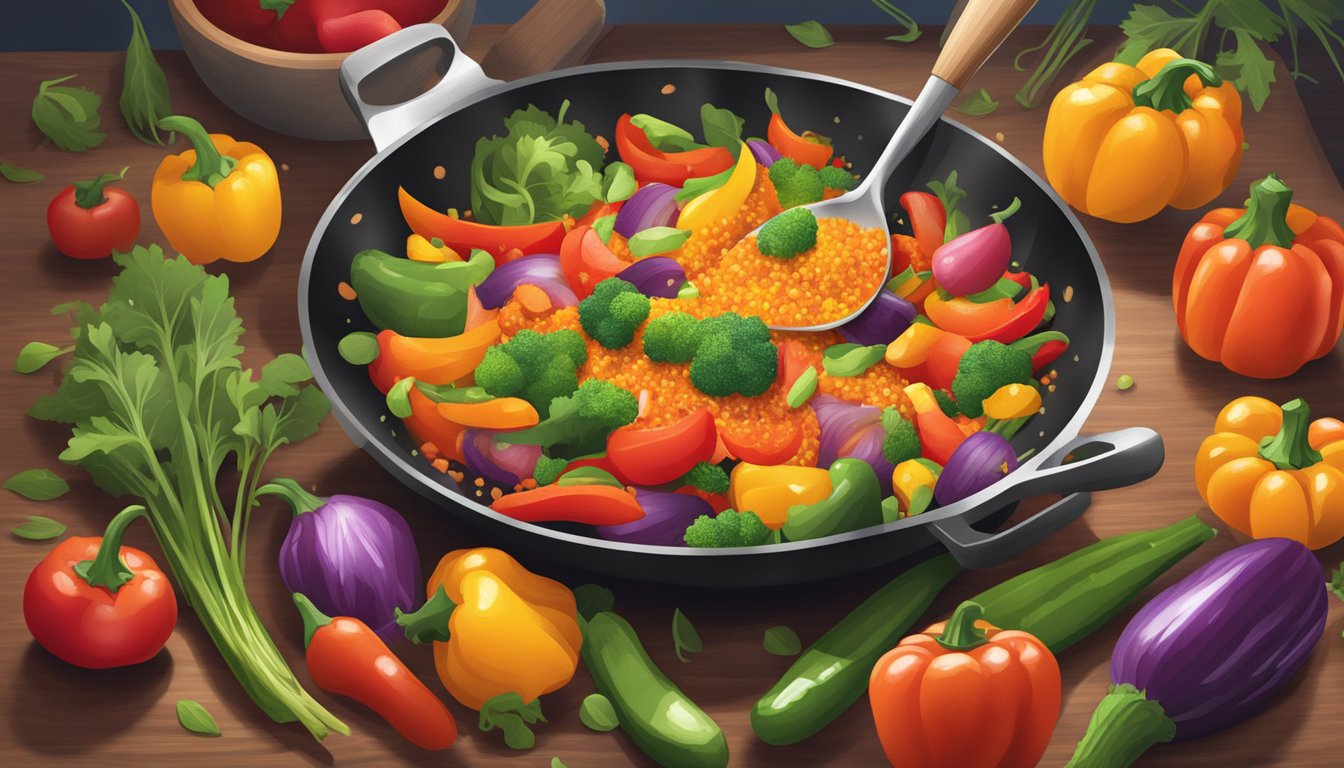 A wooden spoon sprinkles paprika onto a sizzling skillet of colorful vegetables