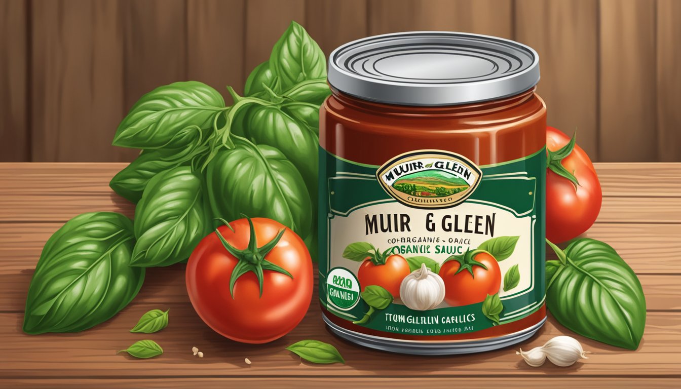 A can of Muir Glen organic tomato sauce sits on a rustic wooden table, surrounded by fresh tomatoes, basil leaves, and garlic cloves