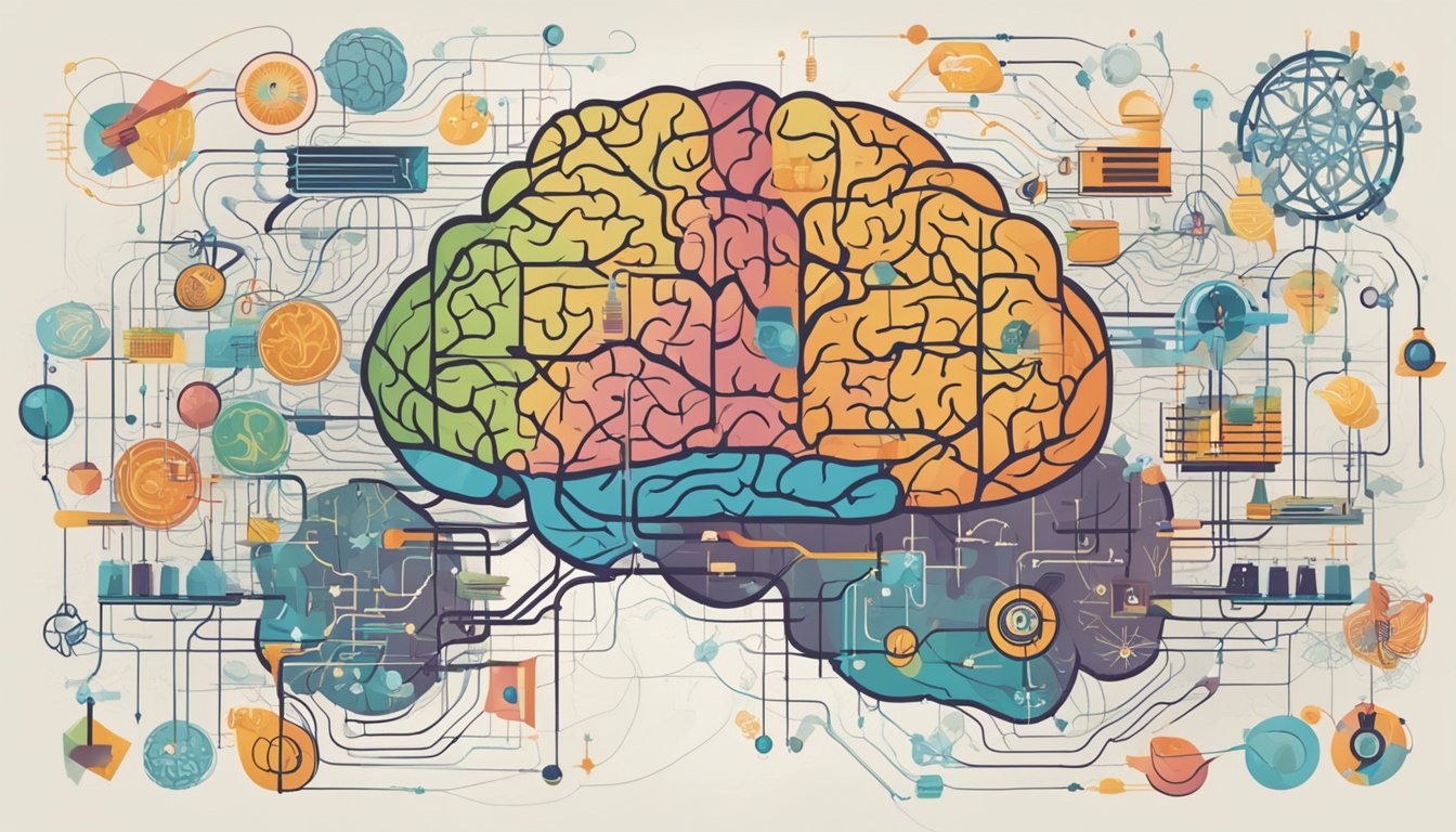 A brain with interconnected pathways, transforming from old habits to new patterns, surrounded by scientific and psychological symbols