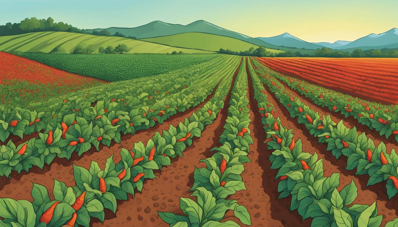 A vibrant field of red paprika plants, with a "Certified Organic" sign and the Frontier Co-op logo displayed prominently