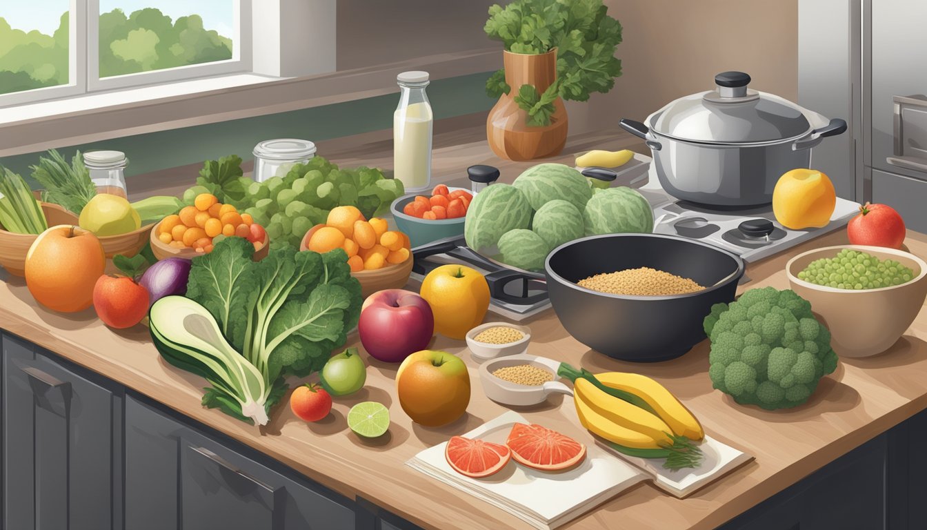 A kitchen counter with a variety of fresh fruits, vegetables, grains, and proteins arranged neatly, with cooking utensils and a cookbook open to a page on nutrient-rich recipes