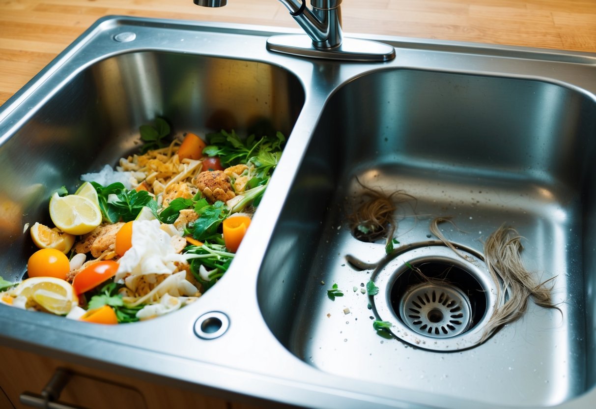 A kitchen sink filled with food scraps and a bathroom drain clogged with hair and soap scum