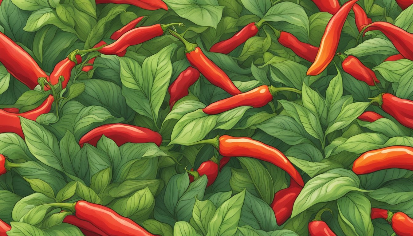 A lush field of vibrant red paprika plants swaying in the breeze, surrounded by diverse wildlife and healthy soil