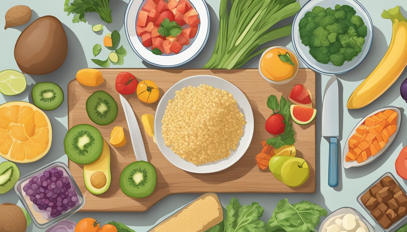 A variety of colorful, nutrient-rich foods laid out on a table, including fruits, vegetables, lean proteins, and whole grains. A chef's knife and cutting board are visible, ready for meal preparation