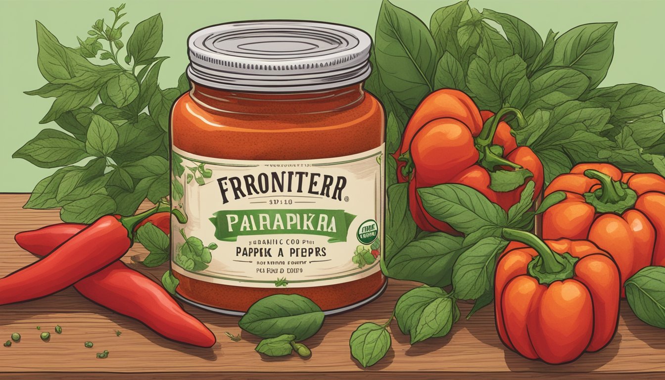 A jar of Frontier Co-op organic paprika surrounded by vibrant red peppers and green herbs on a wooden cutting board