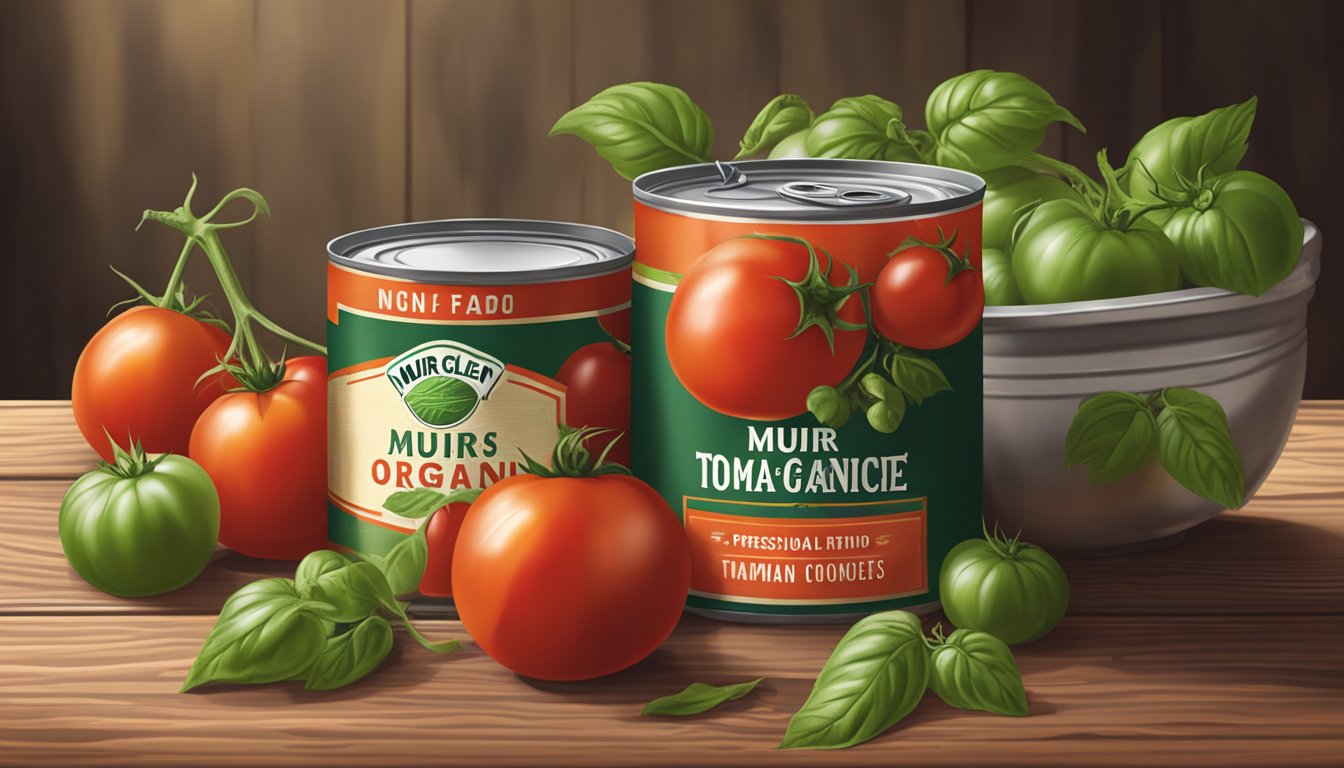 A can of Muir Glen organic tomato sauce surrounded by ripe, freshly picked tomatoes on a rustic wooden table