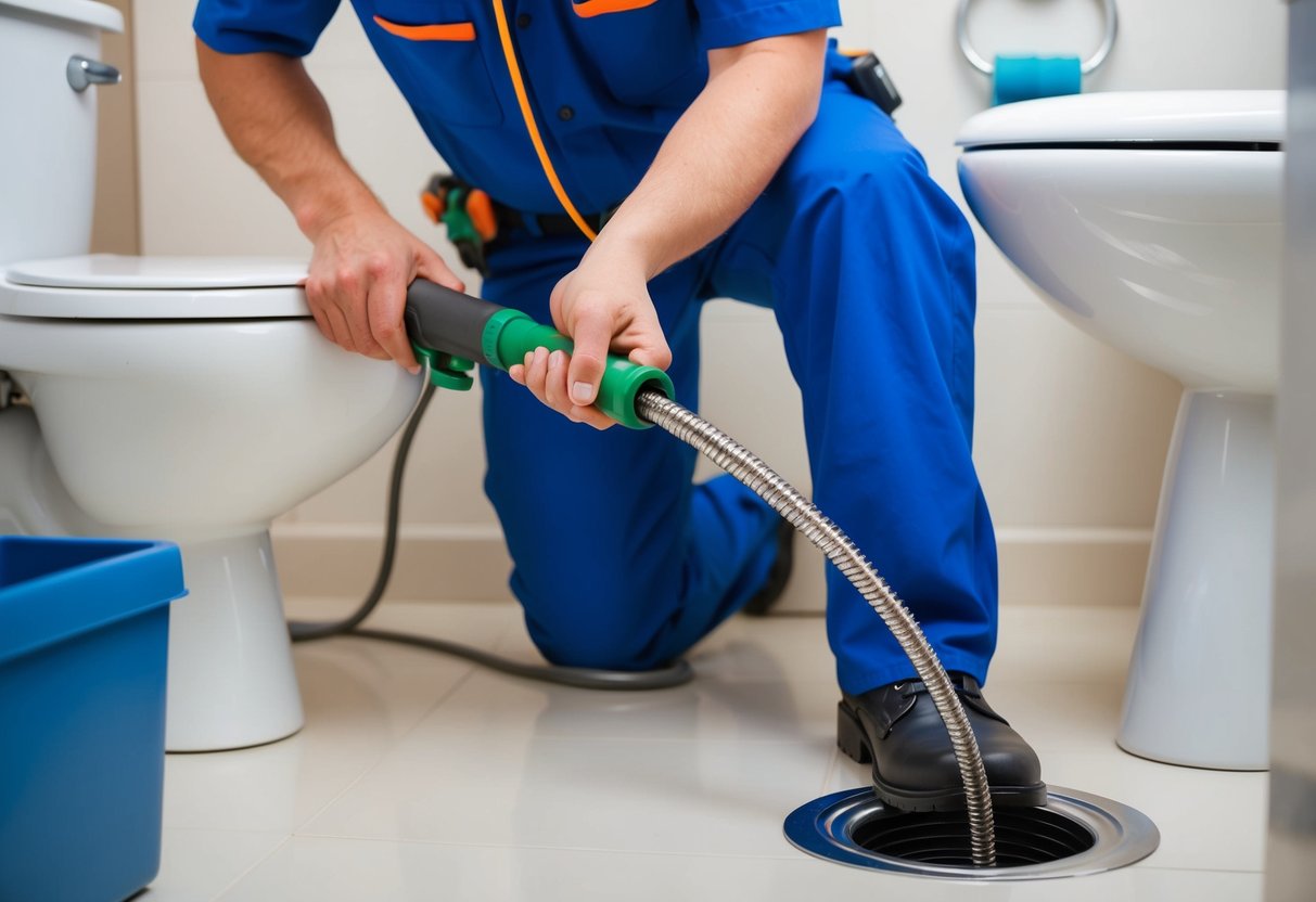 A plumber using a drain snake to clear a clogged drain in a clean and organized bathroom