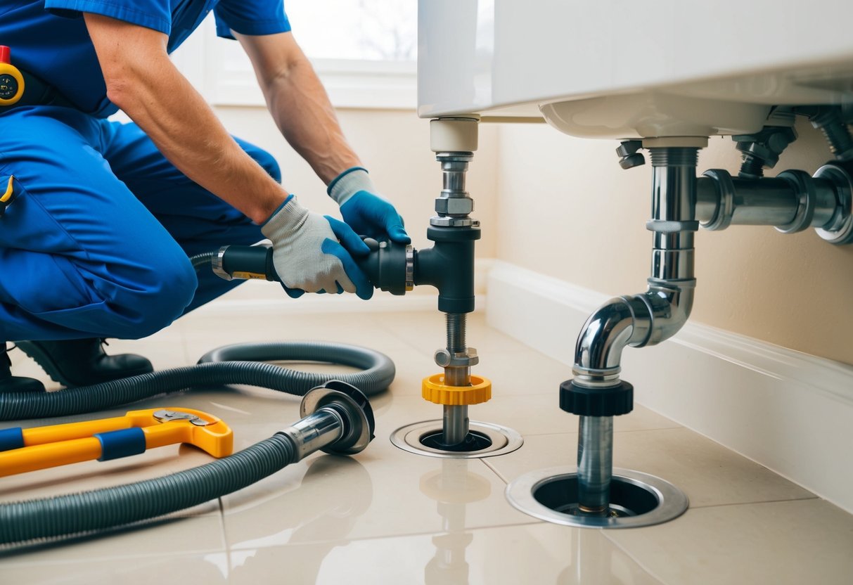 A plumber using a variety of tools to clear clogged drains in a residential bathroom