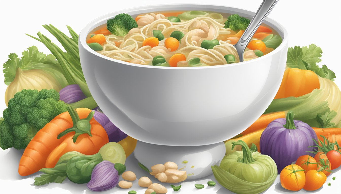 A steaming bowl of Campbell's condensed chicken noodle soup, surrounded by colorful vegetables and a spoon resting on the side