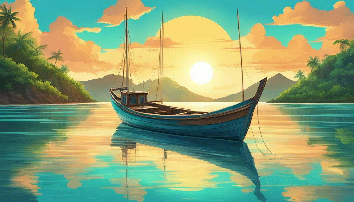 A wooden fishing boat sails through calm, turquoise waters, with the sun setting behind a lush, tropical island