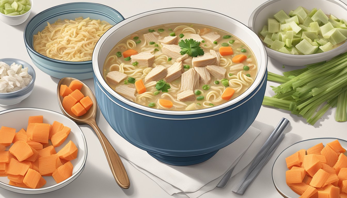 A steaming bowl of Campbell's condensed chicken noodle soup surrounded by scattered ingredients like carrots, celery, and chunks of chicken