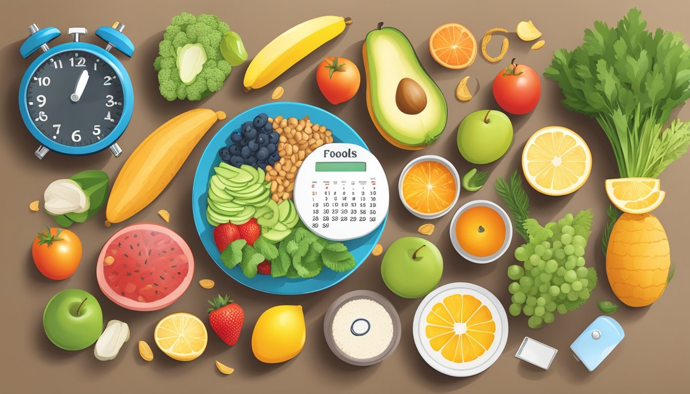 A colorful plate filled with a variety of whole foods, including fruits, vegetables, lean proteins, and whole grains, surrounded by a tape measure, a stopwatch, and a calendar