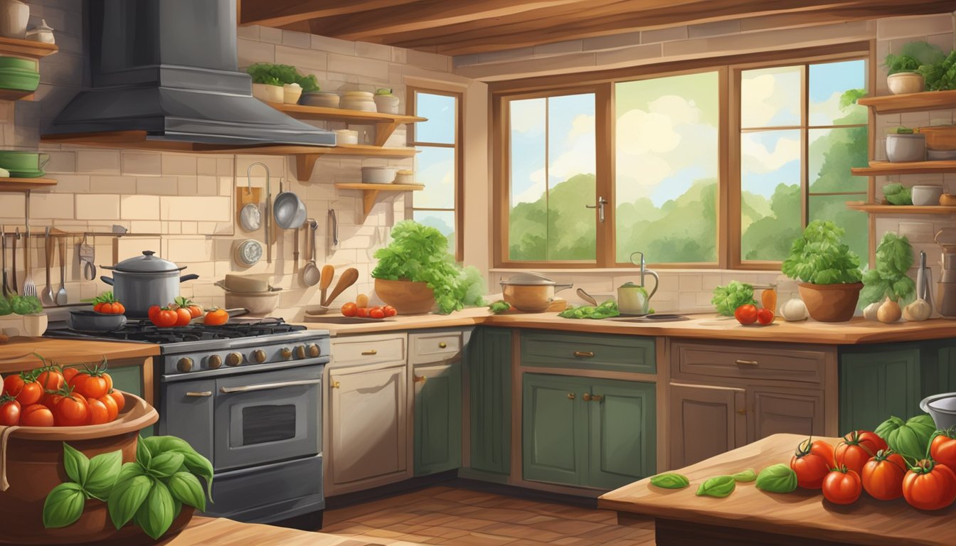 A rustic kitchen with fresh tomatoes, garlic, and basil. A pot simmers on the stove, filling the room with the aroma of homemade pasta sauce