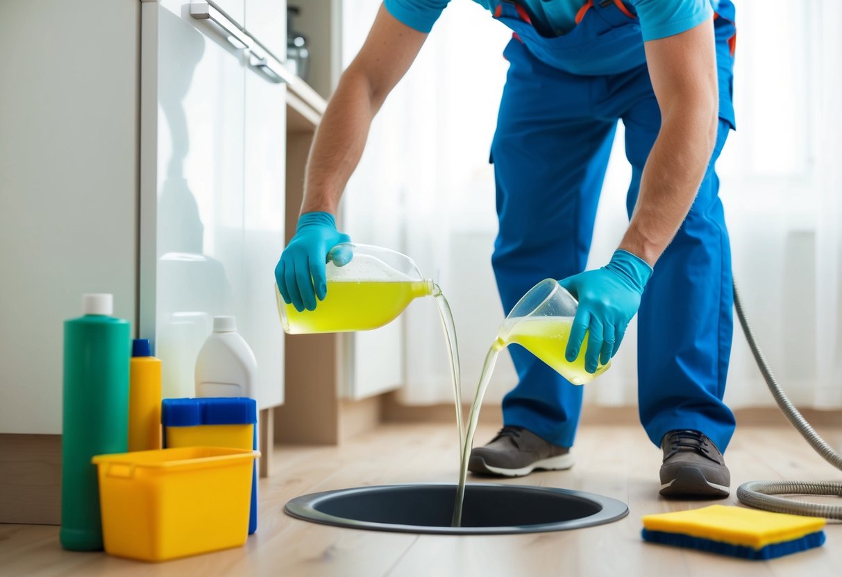 A homeowner pouring homemade cleaning solution down a clogged drain, with various DIY cleaning supplies nearby