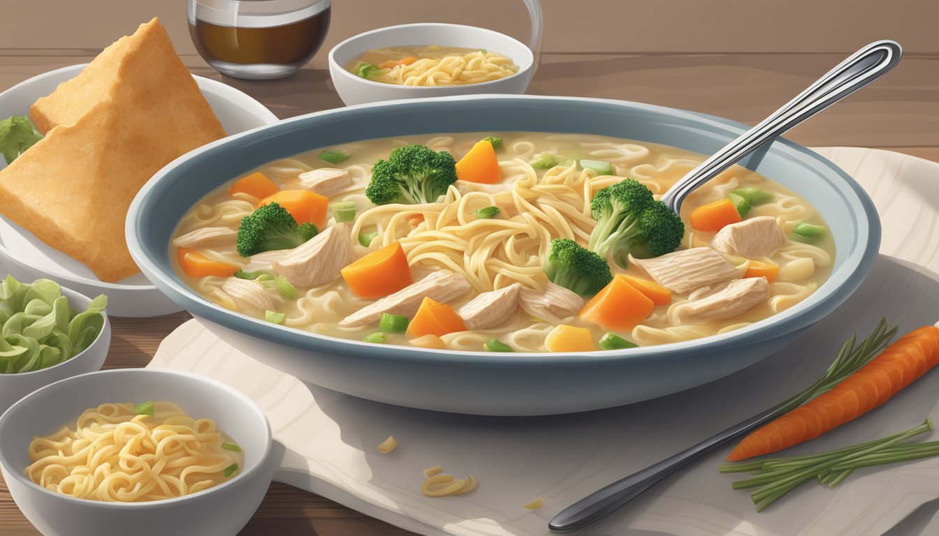 A steaming bowl of Campbell's condensed chicken noodle soup with a spoon resting on the side, surrounded by ingredients like chicken, noodles, and vegetables