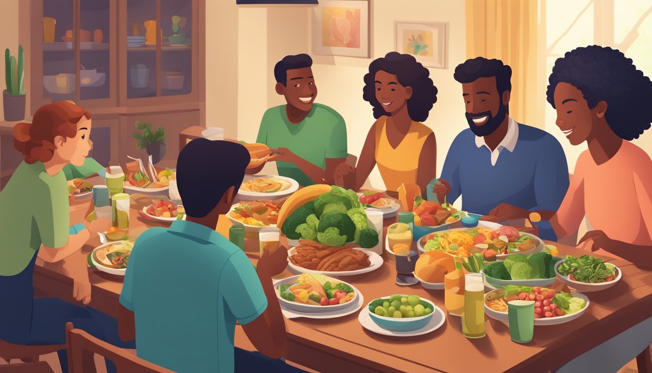 A family sitting around a dinner table, with a variety of healthy foods and drinks. The table is set with colorful plates and utensils, creating a welcoming and inclusive atmosphere