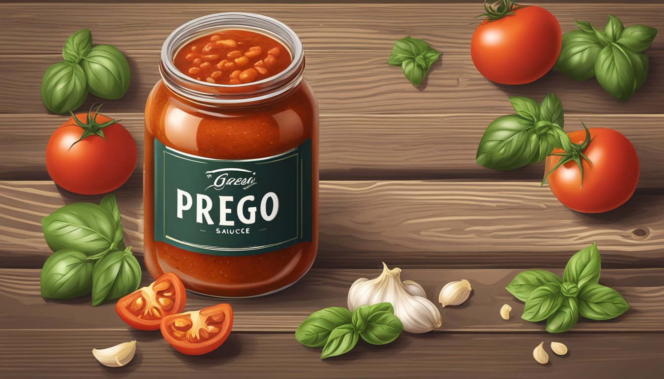 A jar of Prego Traditional Italian Pasta Sauce surrounded by fresh tomatoes, basil, and garlic cloves on a rustic wooden table