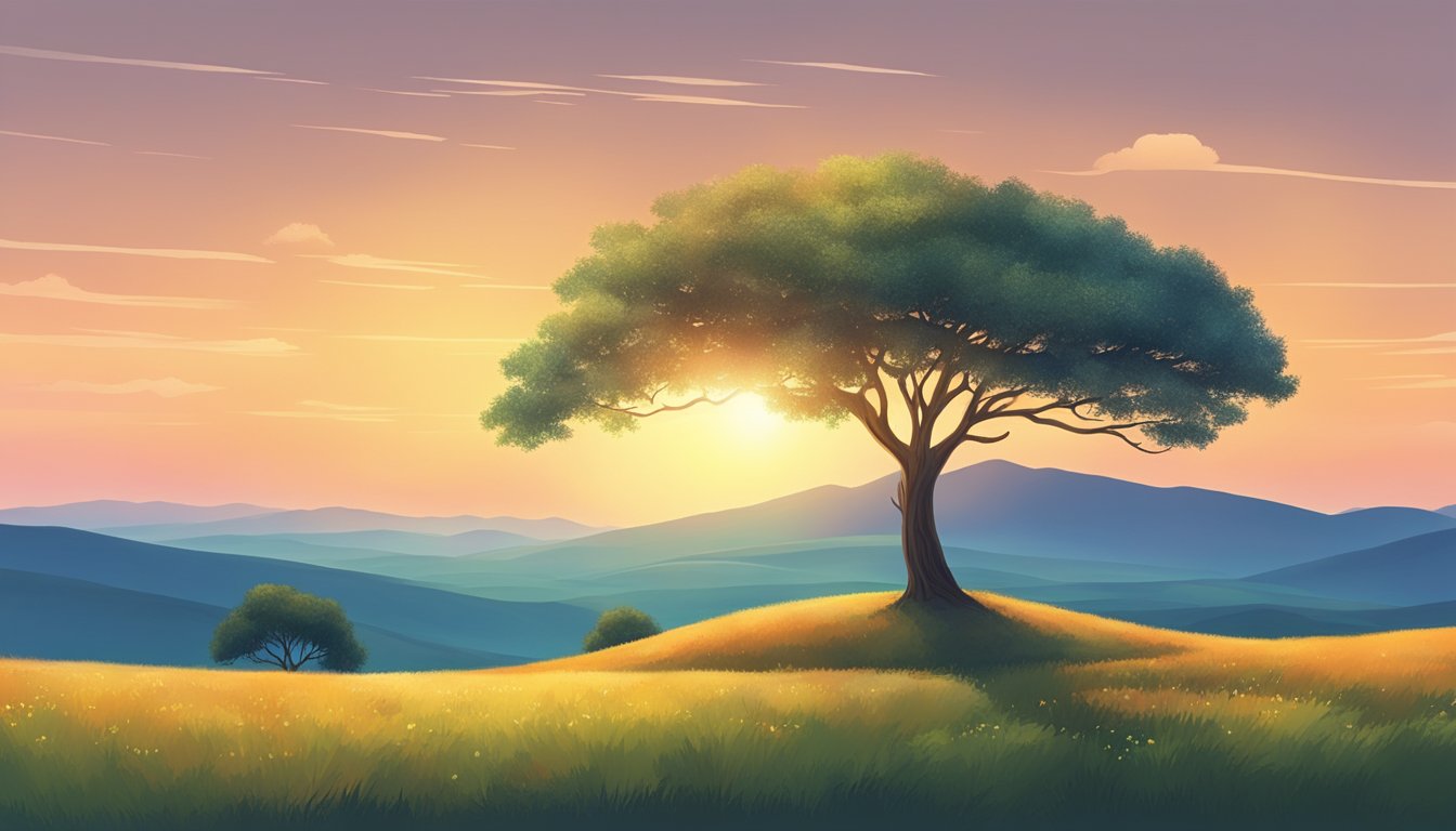 A serene landscape at sunset, with a solitary tree on a hill, overlooking a vast expanse of rolling hills and a clear, open sky