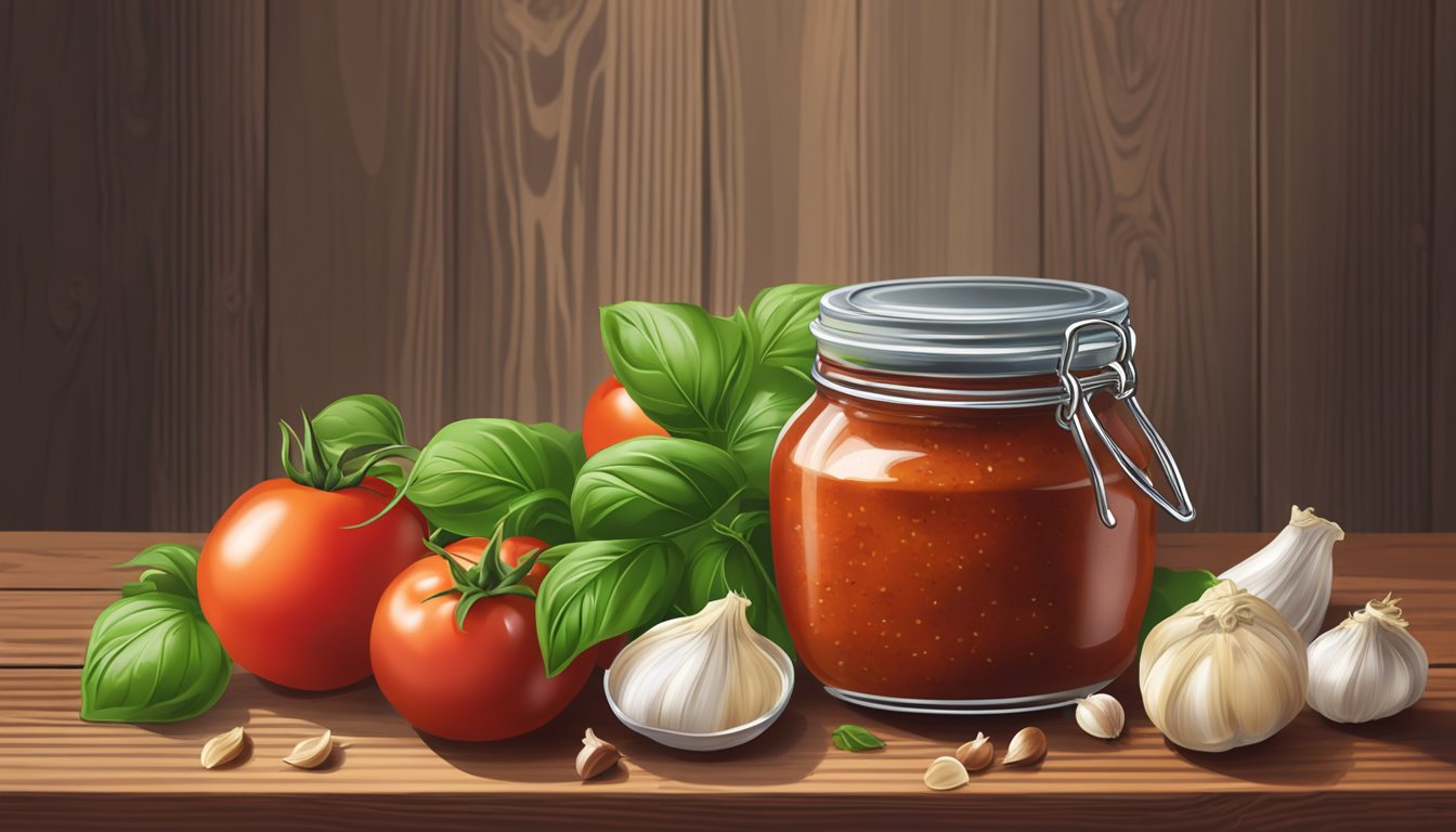 A jar of Prego Traditional Italian Pasta Sauce surrounded by fresh tomatoes, basil, and garlic cloves on a rustic wooden table