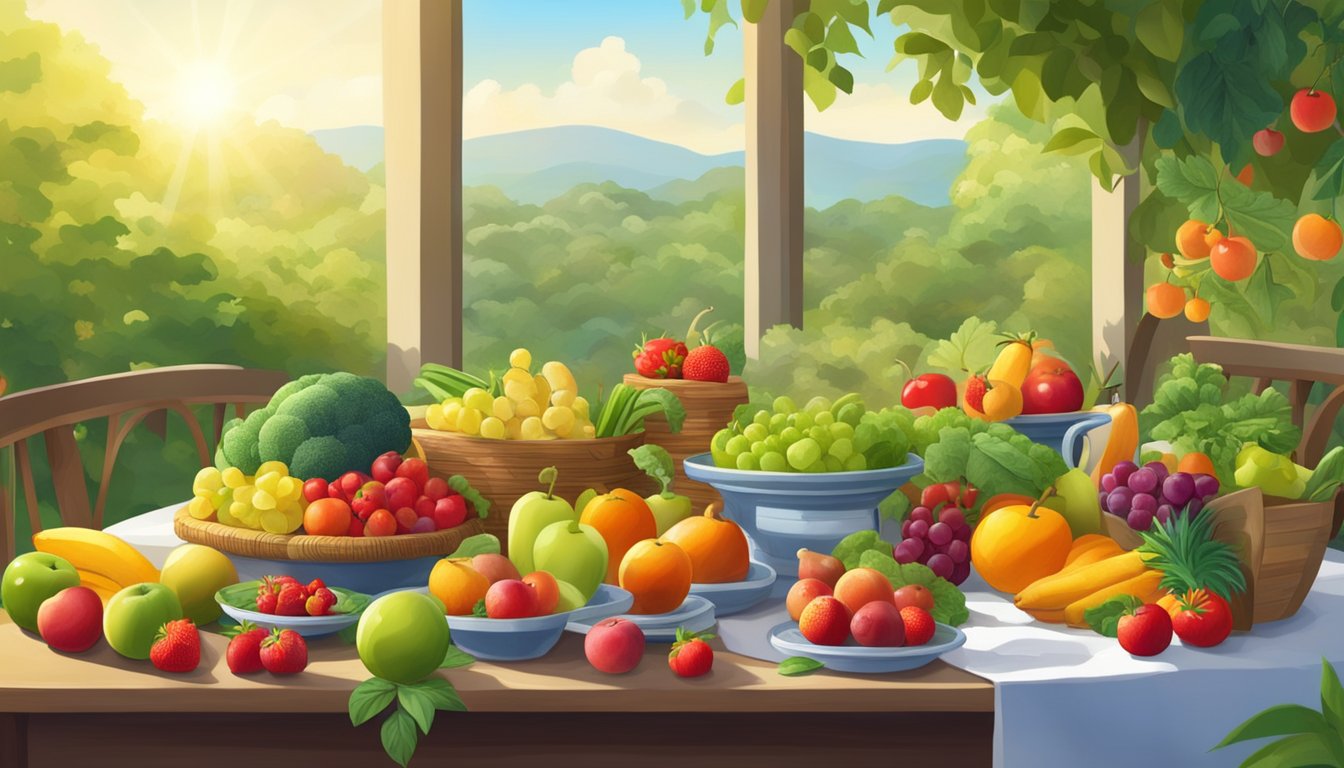 A serene, sunlit table set with a colorful array of fruits, vegetables, and whole foods, surrounded by a lush garden and a peaceful, natural backdrop