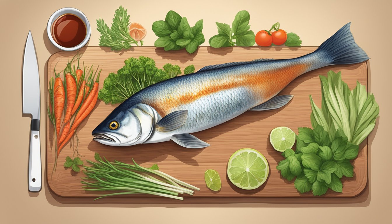 A bottle of Red Boat Premium Fish Sauce surrounded by fresh fish, herbs, and vegetables on a wooden cutting board