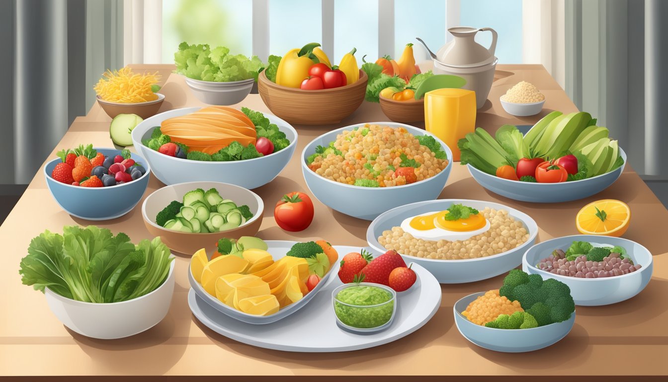 A dining table set with a variety of healthy, balanced meals for different family members, including fruits, vegetables, proteins, and grains