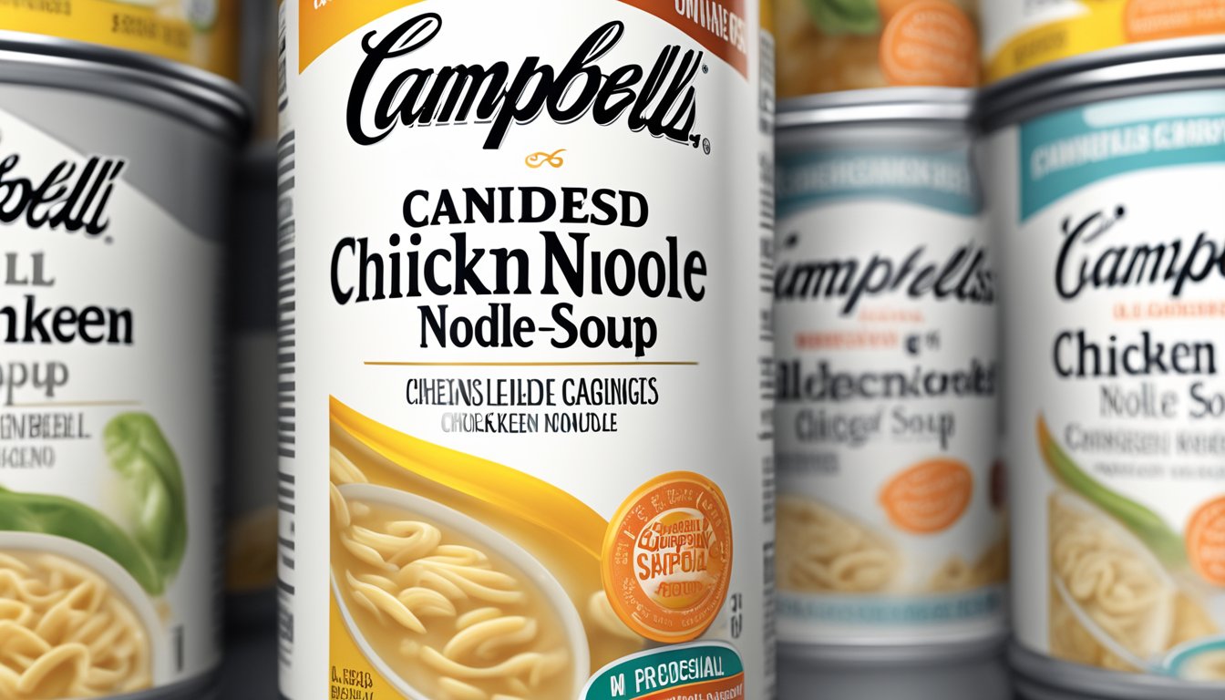 A can of Campbell's condensed chicken noodle soup with allergen information displayed prominently on the label