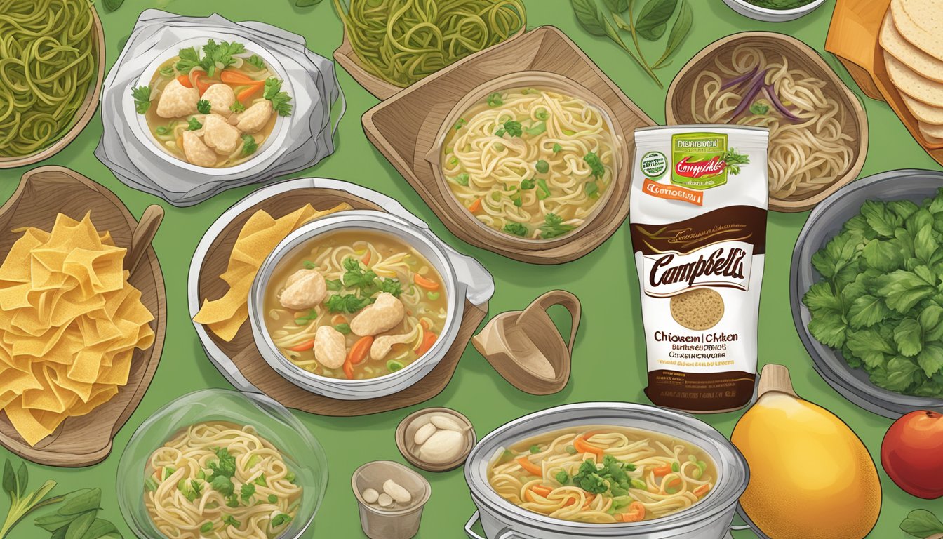 A steaming bowl of Campbell's condensed chicken noodle soup surrounded by recyclable packaging and fresh, organic ingredients