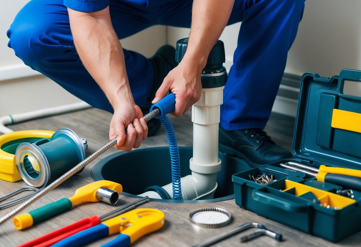 A plumber using a drain snake to clear a clogged pipe, surrounded by various tools and equipment for regular drain maintenance