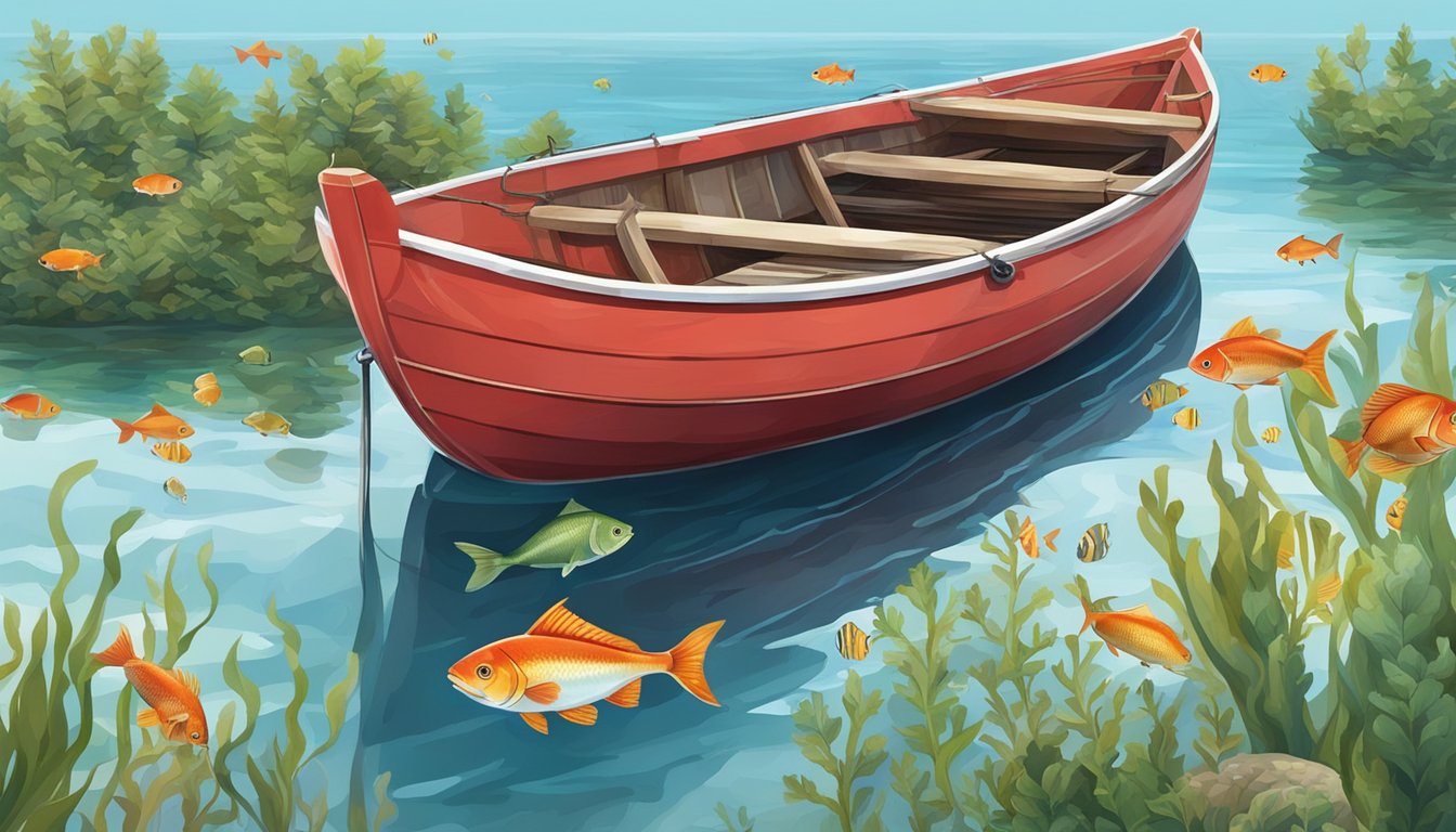 A red boat sails on calm water, surrounded by fish and seaweed